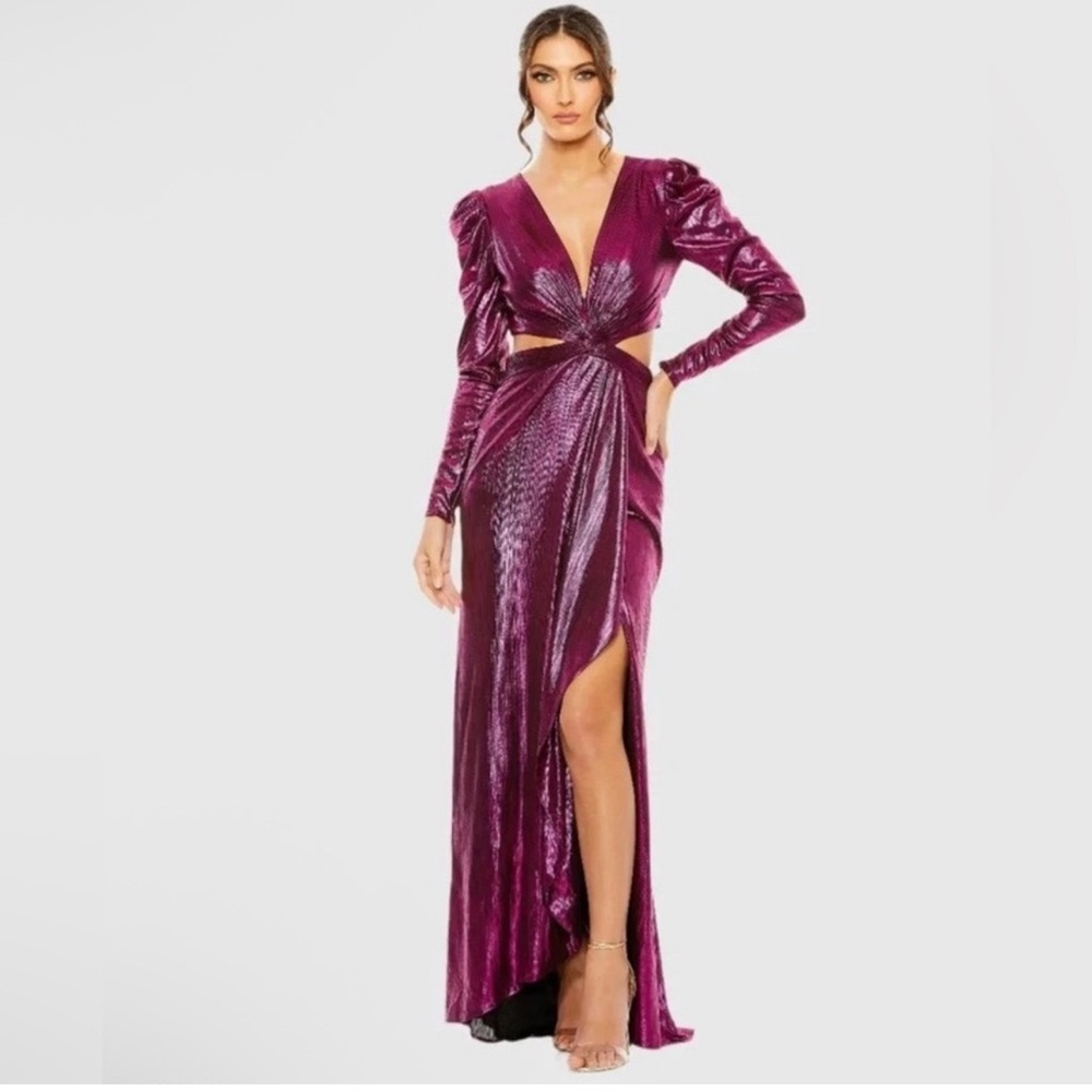 Mac Duggal Fuchsia Metallic Gown Cutouts and High-Low Hem NWT size 10